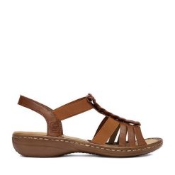 Sandały Rieker. Brązowe sandały damskie Rieker, bez wzorów, bez obcasa, na płaskiej podeszwie, bez zapięcia. Za 299.99 zł.
