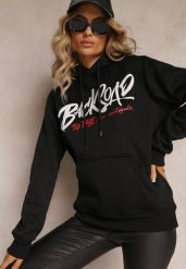 Czarna Bluza z Kapturem i Ściągaczami oraz Kieszenią Paili. Czarne bluzy damskie Renee, xl, bez wzorów, z polaru, z kapturem. Za 39.99 zł.