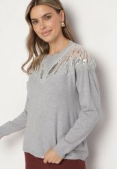 Szary Sweter z Wiskozą Cekinami i Koralikami Nevalanna. Szare swetry klasyczne damskie Born2be, m, z jeansu, bez kołnierzyka. Za 84.99 zł.