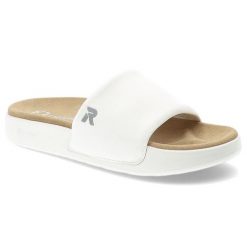 Białe Klapki Rieker Wygodne Obuwie Damskie. Białe klapki damskie Rieker, bez wzorów, bez obcasa, bez zapięcia. Za 224.90 zł.