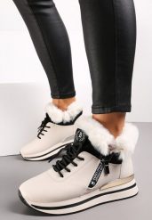 Beżowe Sznurowane Botki Sneakersy z Futerkiem Gameda. Brązowe obuwie sportowe damskie Renee, na zimę, bez zapięcia. Za 109.99 zł.