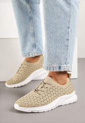 Ciemnobeżowe Sneakersy Ozdobione Ażurowym Wzorem Sareldi. Brązowe obuwie sportowe damskie Renee, z jeansu, bez zapięcia. Za 54.99 zł.
