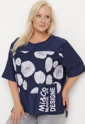 Granatowy Bawełniany T-shirt z Nadrukiem i Kieszonką Lovelina. Niebieskie t-shirty damskie Born2be, l, bez wzorów, z bawełny, bez kołnierzyka. Za 44.99 zł.