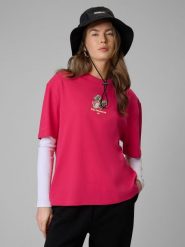 4F T-shirt loose z nadrukiem damski - różowy S. Czerwone t-shirty damskie 4F, s, bez wzorów, z bawełny, bez kołnierzyka. Za 79.99 zł.