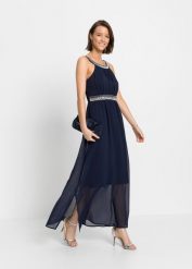 Długa sukienka z aplikacją ze sztrasów. Niebieskie sukienki damskie bonprix, z aplikacjami, z szyfonu, eleganckie, bez ramiączek. Za 189.99 zł.