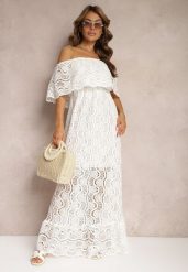 Biała Ażurowa Sukienka z Bawełny z Dekoltem Hiszpanką Wykończona Gumką w Talii Helavia. Białe sukienki damskie Renee, w ażurowe wzory, z bawełny, eleganckie, bez ramiączek. W wyprzedaży za 143.99 zł.