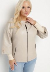 Beżowa Gładka Kurtka Ramoneska z Rękawem 3/4 Mirseli. Brązowe kurtki damskie Born2be, xl, bez wzorów, z jeansu, bez kaptura. Za 179.99 zł.