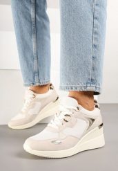 Beżowe Miejskie Sneakersy na Koturnie Cenerra. Brązowe obuwie sportowe damskie Renee, z jeansu, bez zapięcia, trekkingowe. Za 119.99 zł.