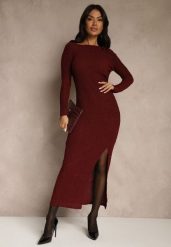 Bordowa Sukienka o Dopasowanym Kroju Ozdobiona Metaliczną Aplikacją Reittia. Czerwone sukienki damskie Renee, z aplikacjami, bez ramiączek. Za 129.99 zł.