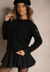Czarny Sweter z Wełną Ozdobiony Cekinami Gebilae. Czarne swetry klasyczne damskie Renee, z jeansu, bez kołnierzyka. Za 99.99 zł.