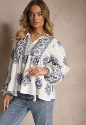 Biała Wiskozowa Bluzka w Stylu Boho z Falbanką Zdobiona Haftem i Wiązaniem Aerraza. Białe bluzki damskie Renee, m, z aplikacjami, z jeansu, boho, bez kołnierzyka, bez ramiączek. Za 89.99 zł.