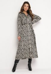 Beżowo-Czarna Koszulowa Sukienka Maxi w Geometryczny Wzór z Wiązanym Paskiem Gelama. Brązowe sukienki damskie Born2be, bez wzorów, z materiału, bez ramiączek. W wyprzedaży za 161.49 zł.