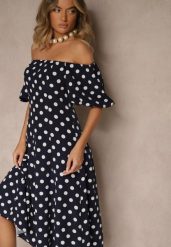 Granatowa Sukienka Hiszpanka Vices w Kropki o Rozkloszowanym Kroju Zilua. Niebieskie sukienki damskie Renee, bez wzorów, z materiału, retro, bez ramiączek. Za 129.99 zł.