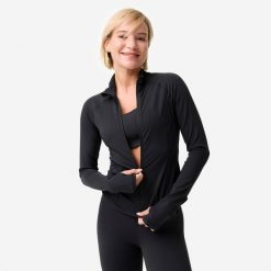 Bluza do jogi i pilatesu damska Domyos Breathe rozpinana. Czarne bluzy damskie Decathlon, xs, bez wzorów, z elastanu, bez kaptura. Za 149.99 zł.
