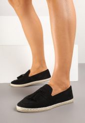 Czarne Espadryle Ozdobione Frędzlami na Nosku Wanelis. Czarne espadryle damskie Renee, bez wzorów, z jeansu, bez obcasa, na płaskiej podeszwie. Za 49.99 zł.