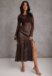 Brązowa Satynowa Spódnica Ozdobiona Rozcięciem na Nogę i Koronką Saviraet. Brązowe spódnice damskie Renee, l, bez wzorów, z koronki, eleganckie, midi. Za 149.99 zł.