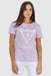 GUESS Fioletowy t-shirt damski z białym logo. Fioletowe t-shirty damskie Guess, s, z aplikacjami, z bawełny, bez kołnierzyka. W wyprzedaży za 129.99 zł.