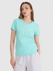 4F T-shirt regular z nadrukiem damski - turkusowy XXL. Niebieskie t-shirty damskie 4F, xs, bez wzorów, z bawełny, bez kołnierzyka. W wyprzedaży za 39.99 zł.