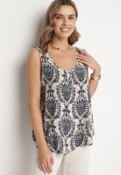 Niebieska Bluzka z Bawełny ze Wzorem Boho Napolea. Niebieskie bluzki damskie Born2be, l, bez wzorów, z bawełny, boho, bez kołnierzyka, bez ramiączek. Za 34.99 zł.