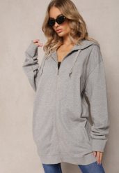 Szara Bluza Oversize z Kapturem i Zapięciem na Suwak Bilende. Szare bluzy damskie Renee, xl, bez wzorów, z jeansu, z kapturem. Za 69.99 zł.