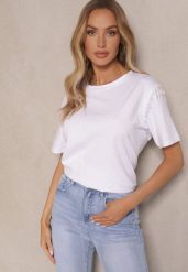 Biały T-shirt z Bawełny z Koralikami Vlerra. Białe t-shirty damskie Renee, l, z aplikacjami, z bawełny, bez kołnierzyka. Za 39.99 zł.
