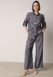 Niebieski Komplet z Lnem i Wiskozą Szerokie Spodnie i Koszula z Wiązaniem Ravilith. Niebieskie koszule damskie Born2be, na lato, l, bez wzorów, z bawełny, bez kołnierzyka, bez ramiączek. Za 219.99 zł.