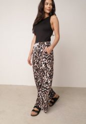 Panterkowe Spodnie z Szerokimi Nogawkami i Wiązaniem w Talii z Koronką Aloe. Spodnie materiałowe damskie Born2be, bez wzorów, z jeansu, długie. Za 49.99 zł.