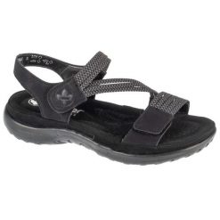 Sandały Rieker Sandals 64870-00 czarne. Czarne sandały damskie bez wzorów, z gumy, z otwartym noskiem, bez obcasa, bez zapięcia. Za 374.33 zł.