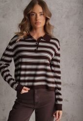 Brązowy Pasiasty Sweter z Kołnierzem i Guzikami Marlea. Brązowe swetry klasyczne damskie Renee, m, z jeansu, bez kołnierzyka. Za 119.99 zł.