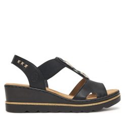 Sandały Rieker. Czarne sandały damskie Rieker, bez wzorów, bez obcasa, na koturnie, bez zapięcia. Za 319.99 zł.