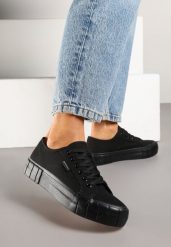 Czarne Trampki na Grubej Podeszwie z Tłoczeniem Maitiana. Czarne obuwie sportowe damskie Born2be, z jeansu, bez zapięcia. Za 74.99 zł.