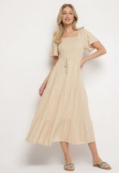 Beżowa Sukienka z Wiskozą Lnem i Elastyczną Górą Ellisena. Brązowe sukienki damskie Born2be, bez wzorów, z wiskozy, eleganckie, bez ramiączek. Za 149.99 zł.