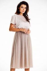 Elegancka sukienka midi z kimonowym rękawem beżowa. Brązowe sukienki damskie Awama, bez wzorów, eleganckie, bez ramiączek. Za 399.00 zł.