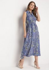 Niebiesko-Fioletowa Rozkloszowana Sukienka w Kwiaty bez Rękawów Syloria. Niebieskie sukienki damskie Born2be, bez wzorów, eleganckie, bez ramiączek. Za 89.99 zł.