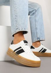 Białe Sneakersy Kultowe Tenisówki z Ozdobnymi Paskami Vandell. Białe obuwie sportowe damskie Renee, z jeansu, bez zapięcia, tenisowe. Za 79.99 zł.
