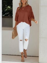 Milan Kiss Bluzka w kolorze jasnobrązowym rozmiar: XL. Brązowe bluzki damskie Milan Kiss, xl, bez wzorów, bez kołnierzyka, bez ramiączek. Za 113.99 zł.