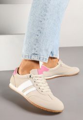 Beżowe Sneakersy z Geometrycznymi Paskami Desmira. Brązowe obuwie sportowe damskie Renee, z jeansu, bez zapięcia. Za 74.99 zł.