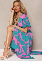 Niebiesko-Różowa Rozkloszowana Sukienka z Gumką w Talii i Rozcięciami Fienda. Niebieskie sukienki damskie Renee, bez wzorów, eleganckie, bez ramiączek. W wyprzedaży za 135.99 zł.