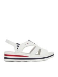 Rieker Sandały CEO-V02Y5-80 Biały. Białe sandały damskie Rieker, bez wzorów, z materiału, bez obcasa, na koturnie, bez zapięcia. Za 319.99 zł.