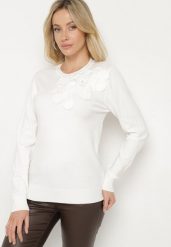 Biały Sweter z Wiskozą Modalem i Aplikacjami 3D Esalttia. Białe swetry klasyczne damskie Born2be, na zimę, m, z jeansu, bez kołnierzyka. Za 84.99 zł.