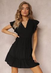 Czarna Taliowana Sukienka Mini Ozdobiona Falbankami Salleni. Czarne sukienki damskie Renee, bez wzorów, z wiskozy, bez ramiączek. W wyprzedaży za 47.99 zł.