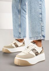 Beżowe Sneakersy na Grubej Podeszwie z Metalicznymi Wstawkami Fonelina. Brązowe obuwie sportowe damskie Born2be, z jeansu, bez zapięcia. Za 99.99 zł.