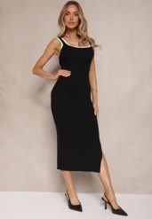 Czarna Sukienka z Wiskozą Typu Bodycon z Prążkowanego Materiału Erilwenis. Czarne sukienki damskie Renee, bez wzorów, z jeansu, bez ramiączek. W wyprzedaży za 56.99 zł.