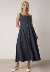 Granatowa Rozkloszowana Sukienka z Bawełną Wiskozą i Guzikami Appeia. Niebieskie sukienki damskie Born2be, bez wzorów, z bawełny, klasyczne, bez ramiączek. Za 159.99 zł.