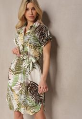 Zielono-Beżowa Sukienka z Bawełny z Krótkim Rękawem z Materiałowym Paskiem i Guzikami Pavilla. Zielone sukienki damskie Renee, bez wzorów, z bawełny, biznesowe, bez ramiączek. W wyprzedaży za 75.99 zł.