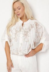 Biało-Beżowa Koszula z Bawełną w Haftowane Kwiaty Tolarea. Białe koszule damskie Born2be, bez wzorów, z bawełny, eleganckie, bez kołnierzyka, bez ramiączek. Za 89.99 zł.