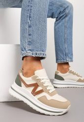 Ciemnobeżowe Sznurowane Sneakersy z Ekoskóry na Grubej Podeszwie Literna. Brązowe obuwie sportowe damskie Renee, bez zapięcia. Za 99.99 zł.