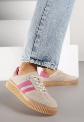 Beżowo-Fuksjowe Sneakersy Tenisówki z Wkładką ze Skóry Naturalnej Ozdobione Tłoczeniem Meluella. Brązowe obuwie sportowe damskie Renee, bez wzorów, z jeansu, bez zapięcia. Za 189.99 zł.
