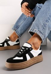 Czarno-Białe Sneakersy na Grubej Podeszwie z Ozdobnymi Przeszyciami Ysdole. Czarne obuwie sportowe damskie Renee, z materiału, bez zapięcia. Za 79.99 zł.