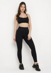 Czarny Komplet Sportowy Biustonosz na Ramiączkach i Legginsy z Gumką w Pasie Nadlira. Czarne legginsy damskie Born2be, m, bez wzorów, na fitness i siłownię. Za 79.99 zł.